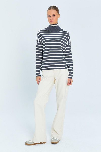 Mixray 6802 Model Anthracite Colored Striped Turtleneck Women's Knitwear Sweater