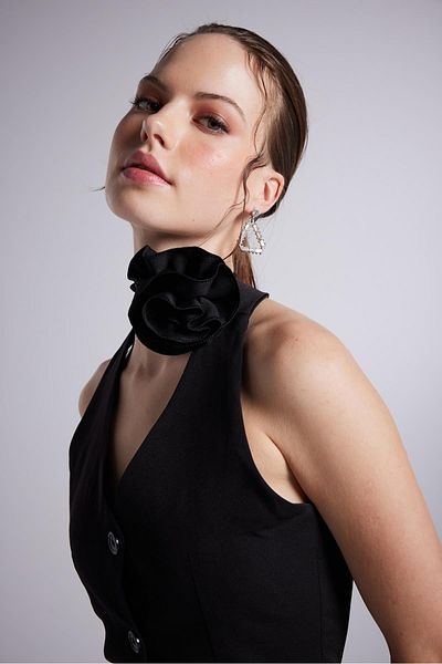 HOLLY LOLLY Halter Neck Buttoned Mini Becca Dress with Rose Accessories Black