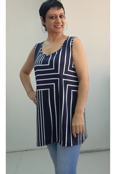 Mertcan Butik Thick Strap Viscose T-Shirt with Dark Blue Print