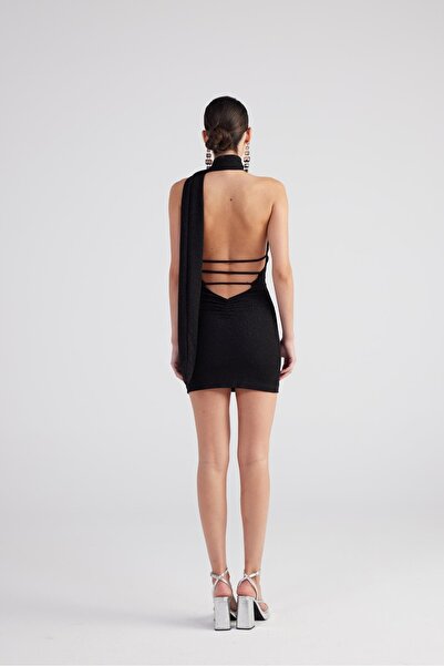 HOLLY LOLLY Şal Yaka Sırt Dekolteli Simli Mini Bella Elbise Siyah