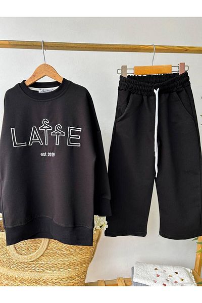 TRENDİMİZBİR Unisex Παιδικό Κεντητό Κεντητό Τσέπη LATTE Μαύρο Σετ Μπλουζάκι