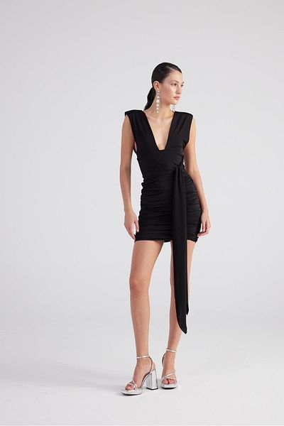 HOLLY LOLLY Black Mini Uma Dress - V-neck, Belted and Pleated