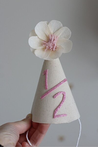 nurdesign HALFBIRTDAY YARIM YAŞ KUTLAMA ŞAPKASI 1/2 ÇİÇEKLİ  KETEN ŞAPKA