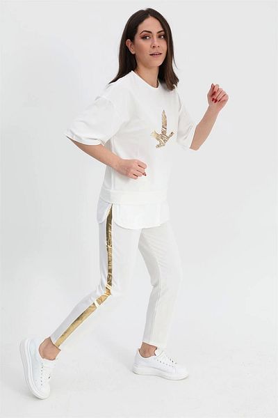 GIDY Bird Printed Grassy Set - Elastic Waist T-Shirt and Trousers - Ecru