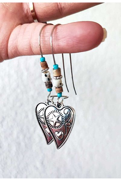 NHOUSE Modern Embroidered Heart Shaped Dangle / Retro Design Earrings