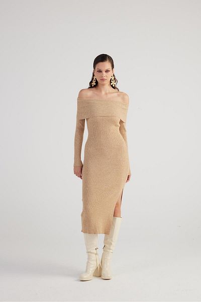 HOLLY LOLLY Beige Madonna Collar Tilda Knitwear Dress