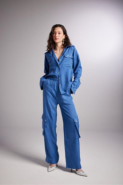 HOLLY LOLLY Cargo Pocket Elastic Waist Julia Trousers Blue
