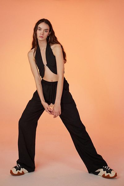 HOLLY LOLLY Koton Stoffband Loose Cut Rise Hose Schwarz