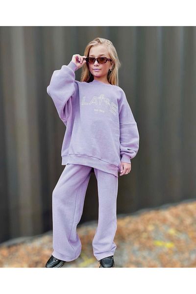 TRENDİMİZBİR Unisex Παιδικό Κέντημα Κεντημένο Τσέπη LATTE Λιλά Σετ Μπλούζα κάτω