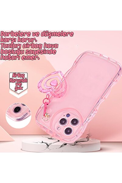 EDELFU İphone 11 Pembe Renk Şeffaf Yanları Darbeye Dayanıklı Ve Sevimli Kalp Aparatlı Silikon Kılıf