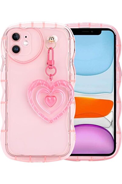 EDELFU İphone 11 Pembe Renk Şeffaf Yanları Darbeye Dayanıklı Ve Sevimli Kalp Aparatlı Silikon Kılıf