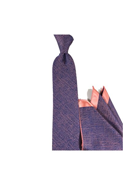 Sade Kravat Gül Kurusu Lacivert Melanj Desenli Mendilli İnce Kravat 29342 Gül Kurusu