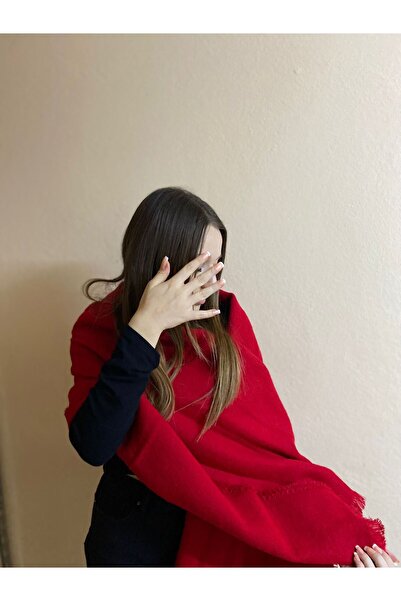 sema aksesuar Women's Red Winter Solid Shawl - Wide Tasseled Scarf - Shoulder Shawl - Gift