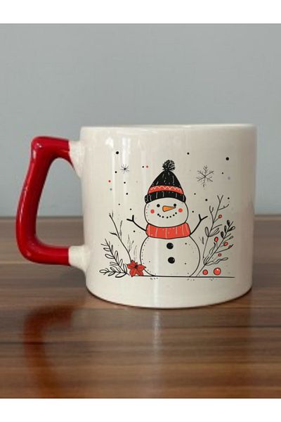 lili hediyelik Snowman Printed Red Handled Mug Cup Christmas New Year Gift