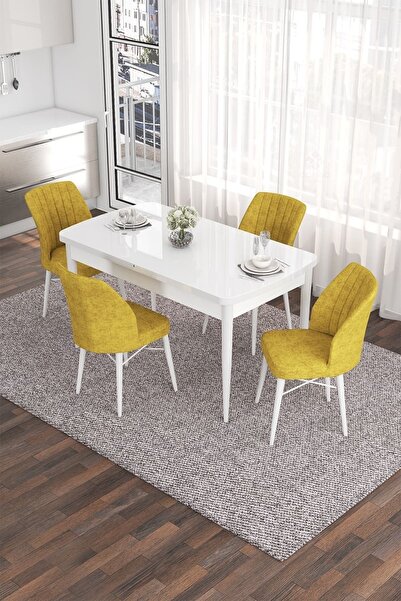 Eva Series 80x132 Retractable Mdf Kitchen Table Set White Table 4 Mustard Chairs