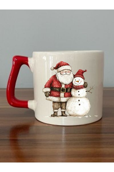 lili hediyelik Santa Claus and Snowman Printed Red Handle Mug Cup Christmas New Year Gift