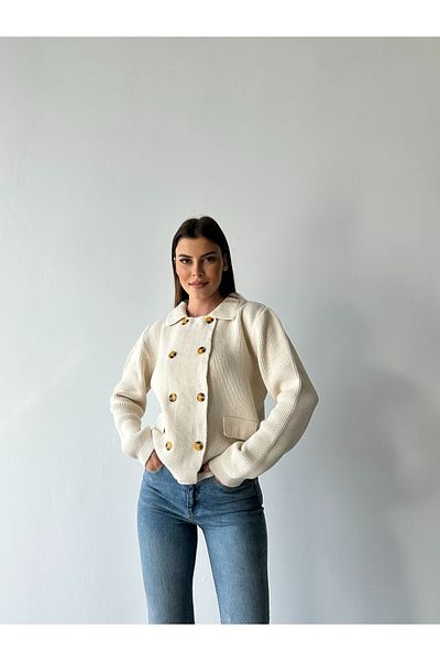 Elilook Γυναικεία ζακέτα πλεκτή με διπλό στήθος με 8 κουμπιά πόλο γιακά