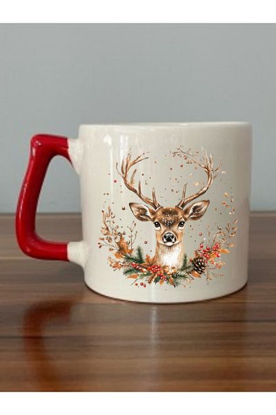 lili hediyelik Red Handle Mug with Deer Print on New Year's Eve New Year's Gift