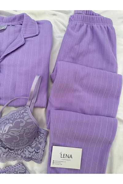 Lena Homewears Set de pijamale pentru femei din lână cu nasturi în față cu lenjerie de corp liliac