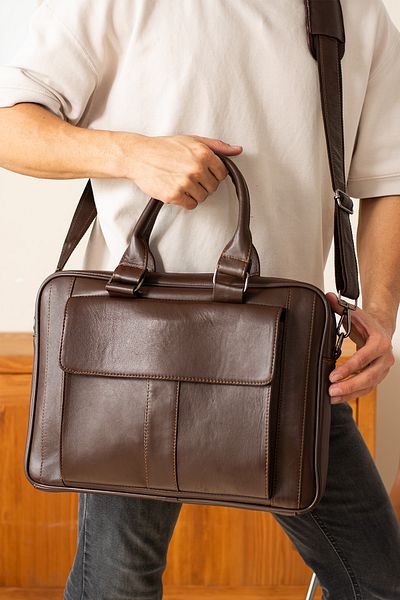 By EDUU Γνήσιο δέρμα Laptop και Χαρτοφύλακας / Τσάντα Laptop μεγάλου μεγέθους με μακρύ λουράκι