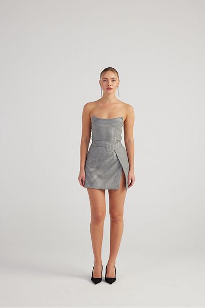 HOLLY LOLLY Slit Asymmetrical Waist Glittery Striped Eden Mini Skirt Gray