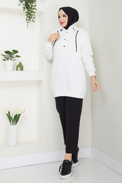 AHUNUR Tesettürde Mutluluk Removable Hooded 3 Thread Raster Sweatshirt