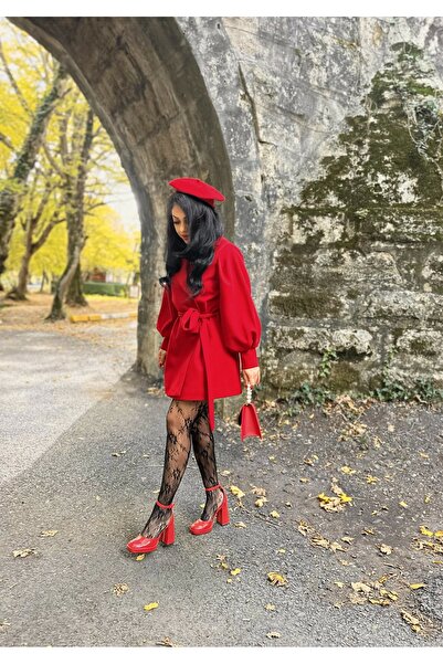 moneta boutique Women's Balloon Sleeve Belted Cashmere Coat