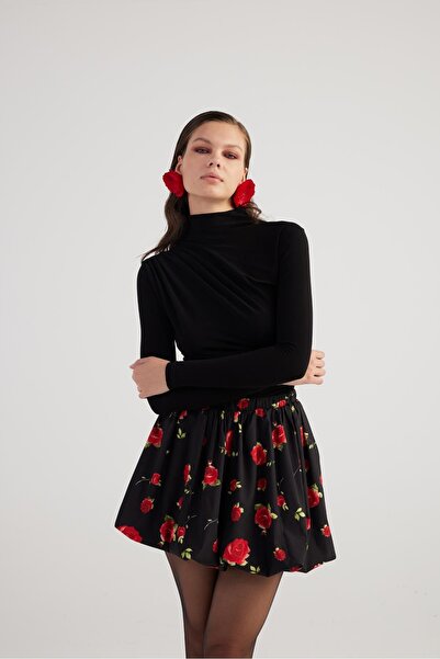 HOLLY LOLLY Rose Patterned Balloon Cut Black Mini Donna Skirt