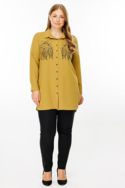 Moda İlgi Modailgi  Çiçek Baskılı Uzun Gömlek Tunik Olive