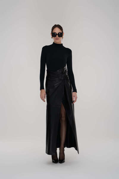 HH Yandan Yırtmaçlı Uzun Deri Etek