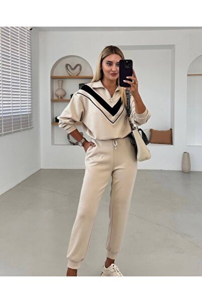 LAVRE Stand Collar Half Zipper Garnished Modal Fabric Set