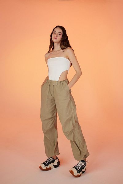 HOLLY LOLLY Elasticized Parachute Trousers with Adjustable Waist and Leg Legs Beige
