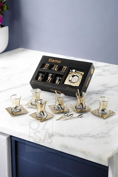ÖzSa Home Tiamo Seljuk Premium 18/10 Stainless Steel 18 Piece Tea Set Tea Cup Tea Plate Dowry