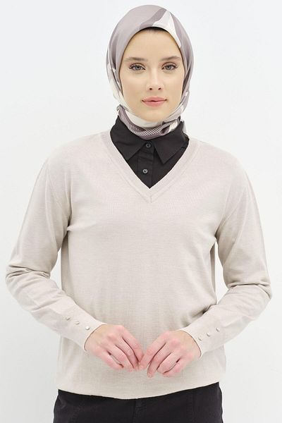 Tuğba V-Neck Sleeve Button Detailed Sweater - Stone