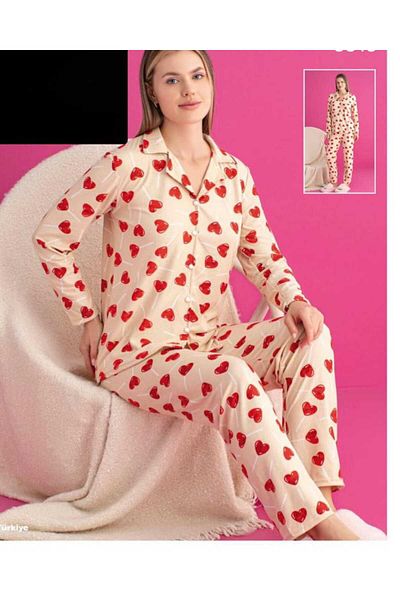 aytenli Thin Fleece Jacket Lapel Front Button Top Wide Leg Waist Elastic Heart Figured Size Pajamas Suit