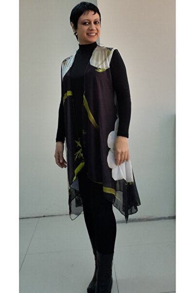Mertcan Butik Black Green Floral Print Loose Asymmetrical Silk Gauze Vest