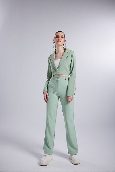 HOLLY LOLLY High Waist Button Closure Fabric Panky Trousers Green