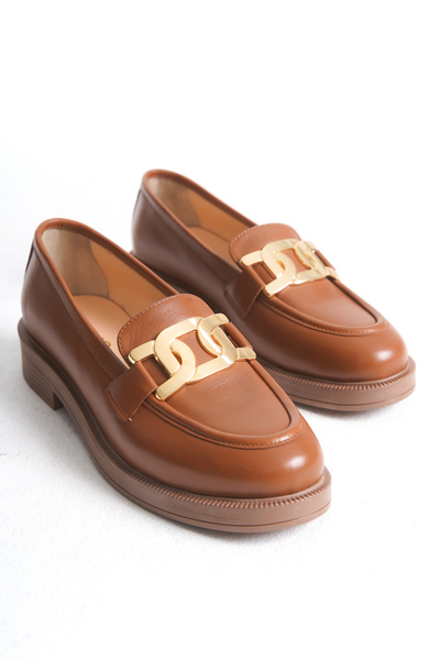 Deassa Deri Metal Tokalı Taba Cilt Loafer Kadın Ayakkabı