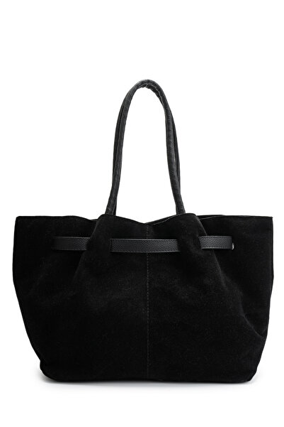 minebag Else Black Suede Belted Women's Shoulder Bag