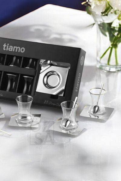 ÖzSa Home Tiamo Mira Premium - 18/10 Stainless Steel 18 Piece Tea Set Tea Cup and Tea Plate