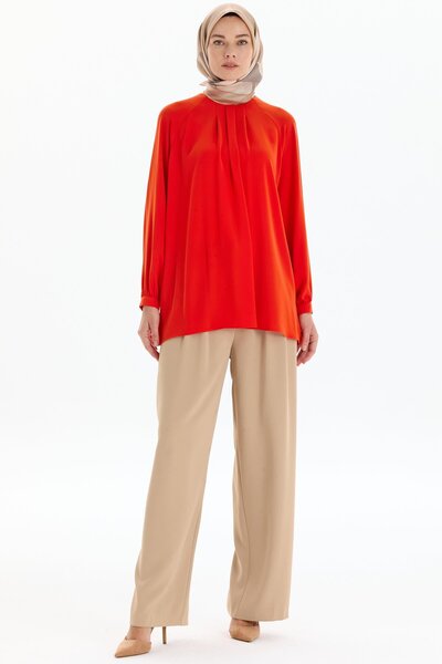 Tuğba Pile Detaylı Bol Paça Pantolon - Bej