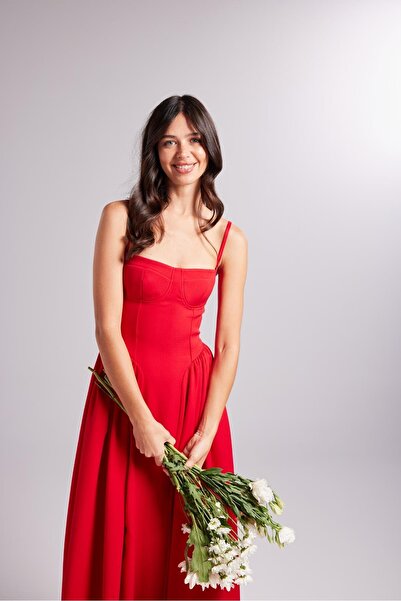 HOLLY LOLLY Červené šaty s dlouhým glóbem na ramínko - můstkové