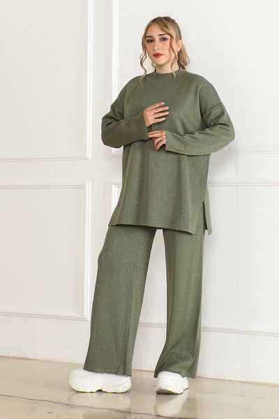 Molly Nelly Women's Crew Neck Khaki Sweater Pants Silvery Knitwear Set