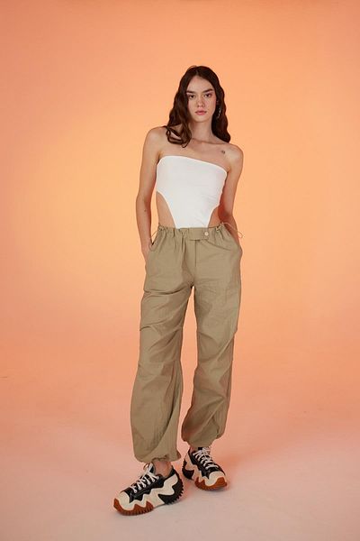 HOLLY LOLLY Elasticized Parachute Trousers with Adjustable Waist and Leg Legs Beige