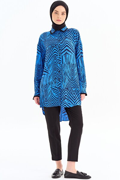 Tuğba Büyük Beden Garnili Desenli Tunik - Saks