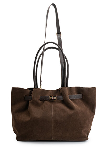 minebag Else Women's Shoulder Bag - Suede Belt Detail, Bitter Brown