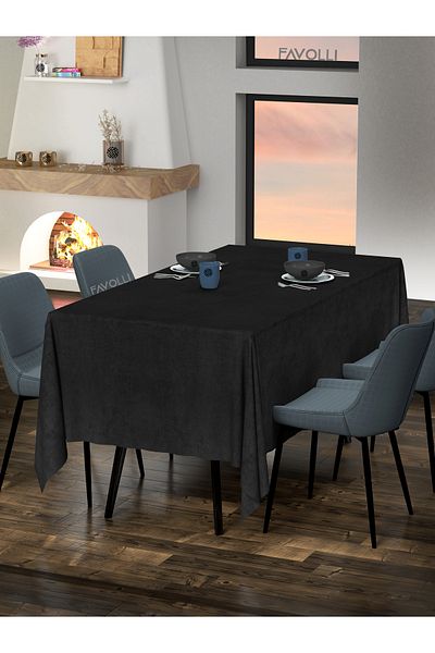 FAVOLLİ Velvet Textured Black Color Tablecloth