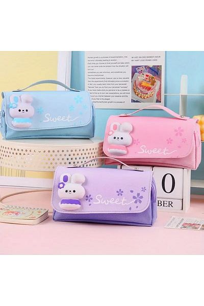 GlassySKY Cute Rabbit 3 Compartimente Capacitate mare pentru ameliorarea stresului Husă pentru creion Suport pentru stilouri, școală, articole de papetărie