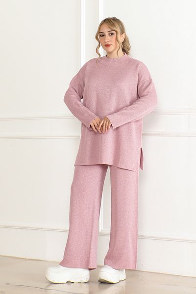 Molly Nelly Women's Crew Neck Sweater Pants Silvery Knitwear Set