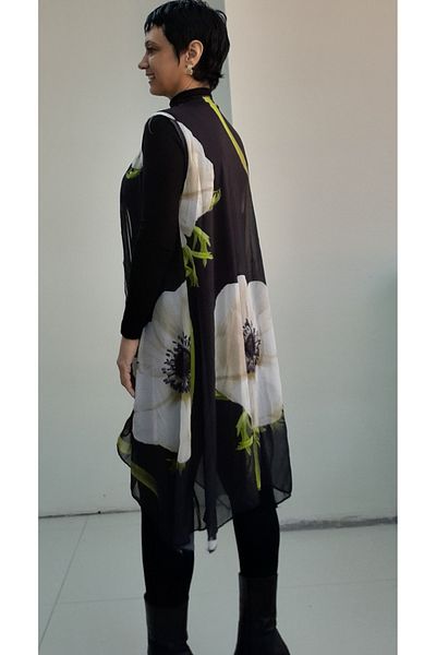 Mertcan Butik Black Green Floral Print Loose Asymmetrical Silk Gauze Vest
